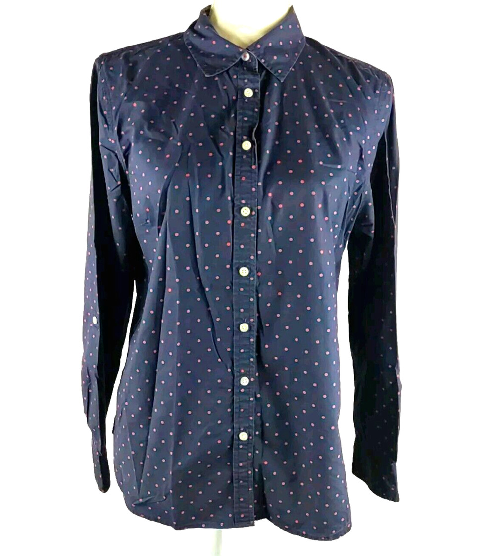 Talbots Women's Shirt Size 12 Roll Tab Cotton Navy Blue Red Polka Dot